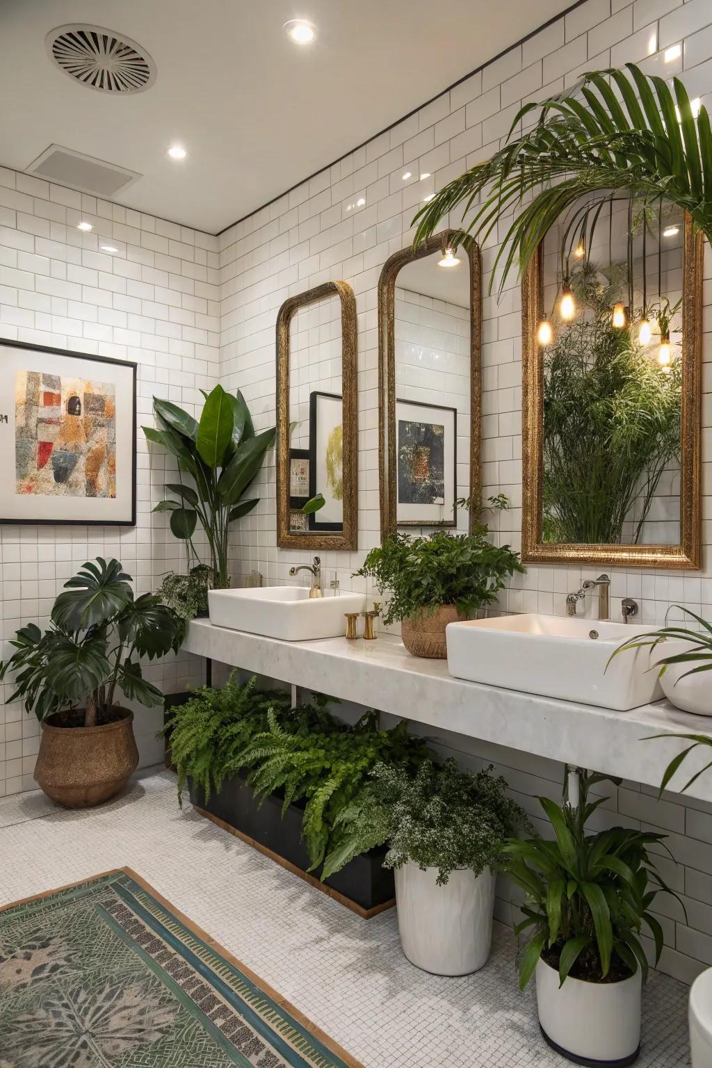 A contemporary bathroom adorned with plants and elegant reflective surfaces.