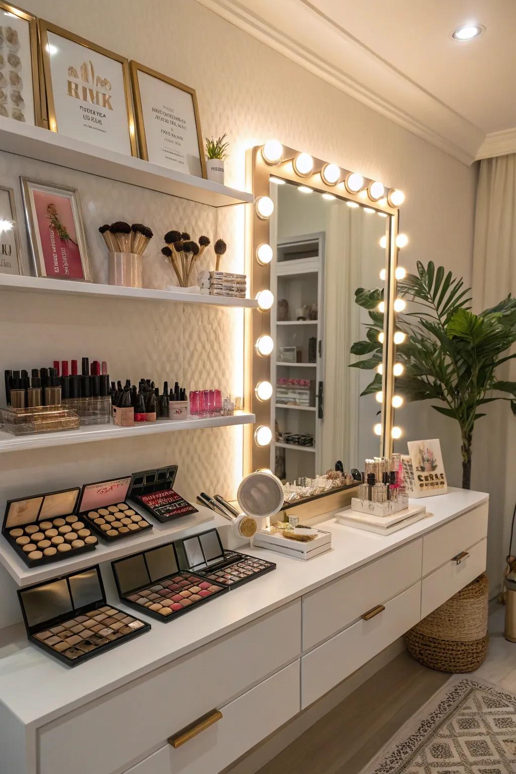 Floating shelves offer stylish storage solutions.