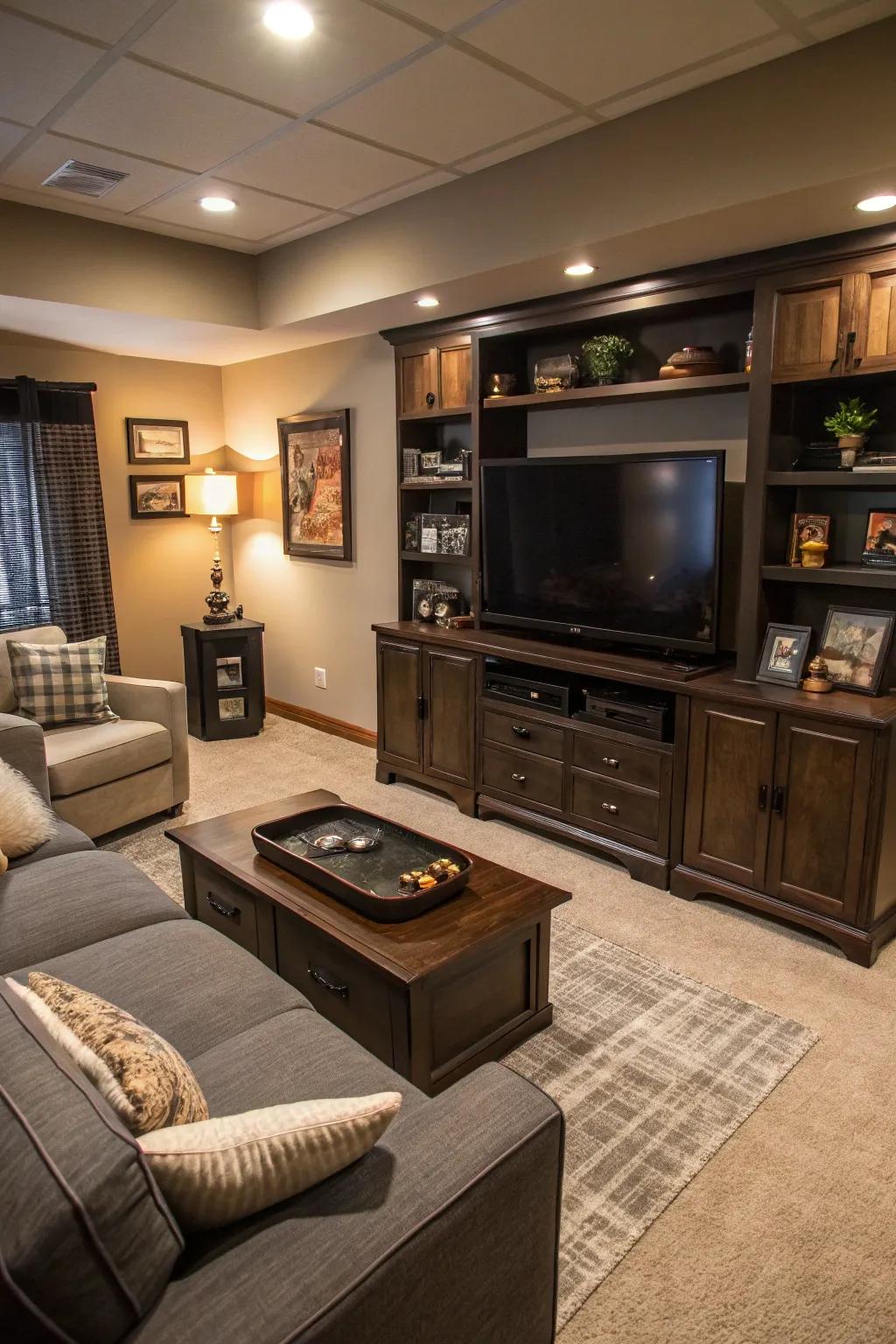 Concealed storage maintains your man cave’s sleek appearance.