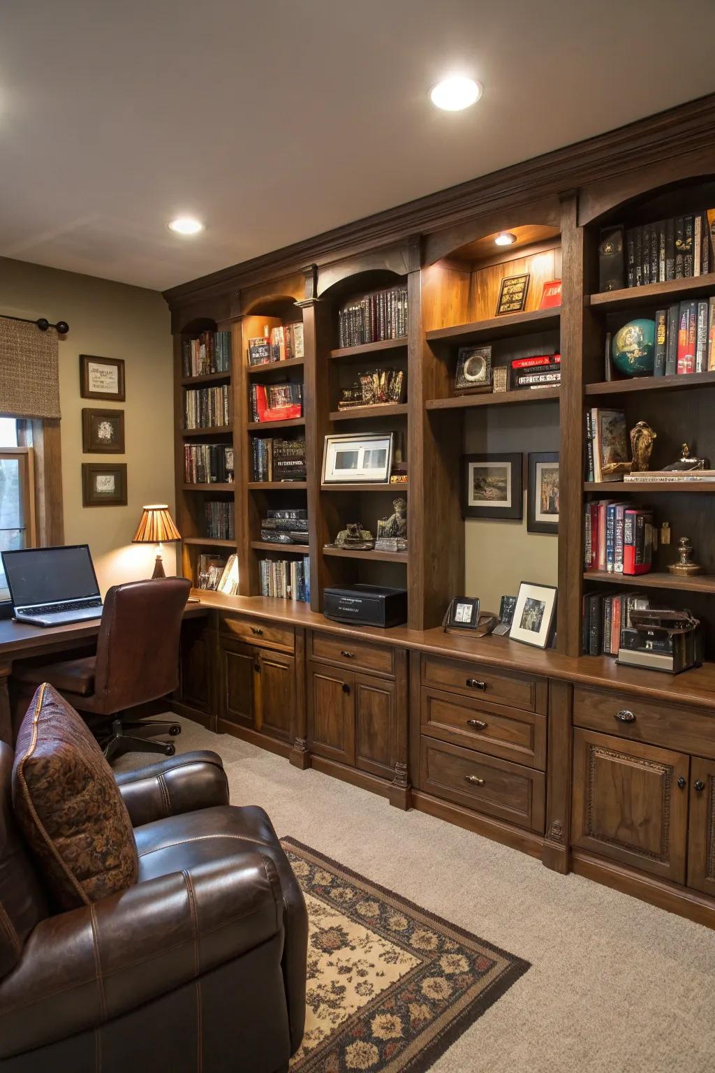 Smart shelving keeps the workspace organized and chic.
