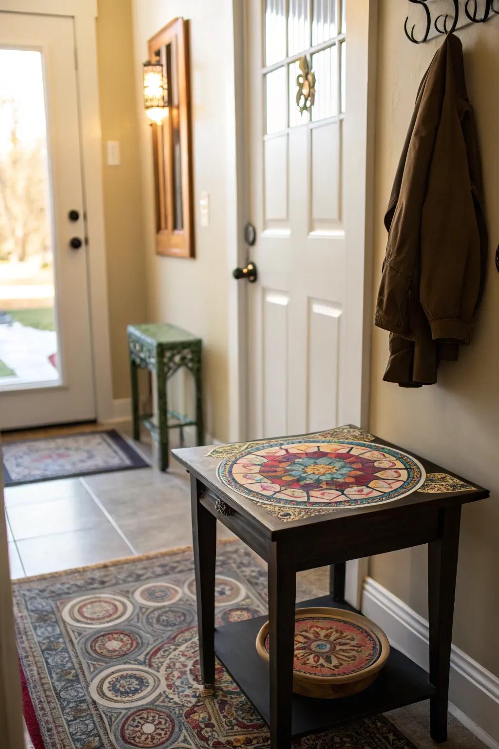 A mandala pattern transforming a small table in an entryway.