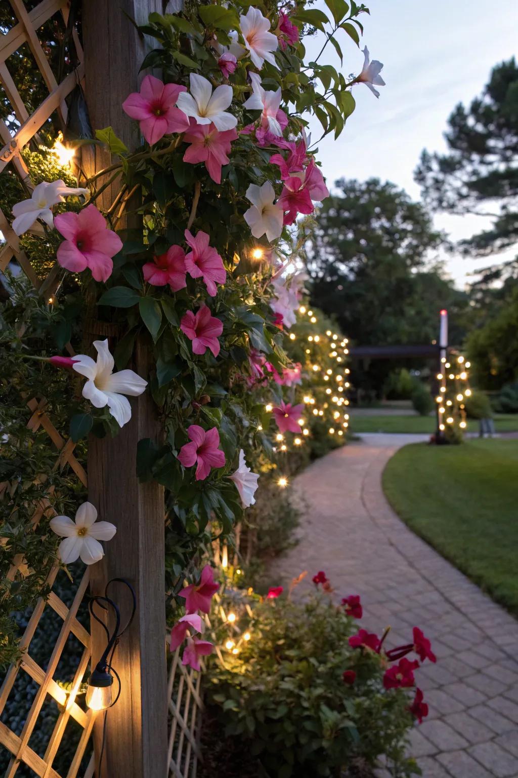 A solar-lit trellis with tropical trumpet crafts a magical nighttime garden scene.