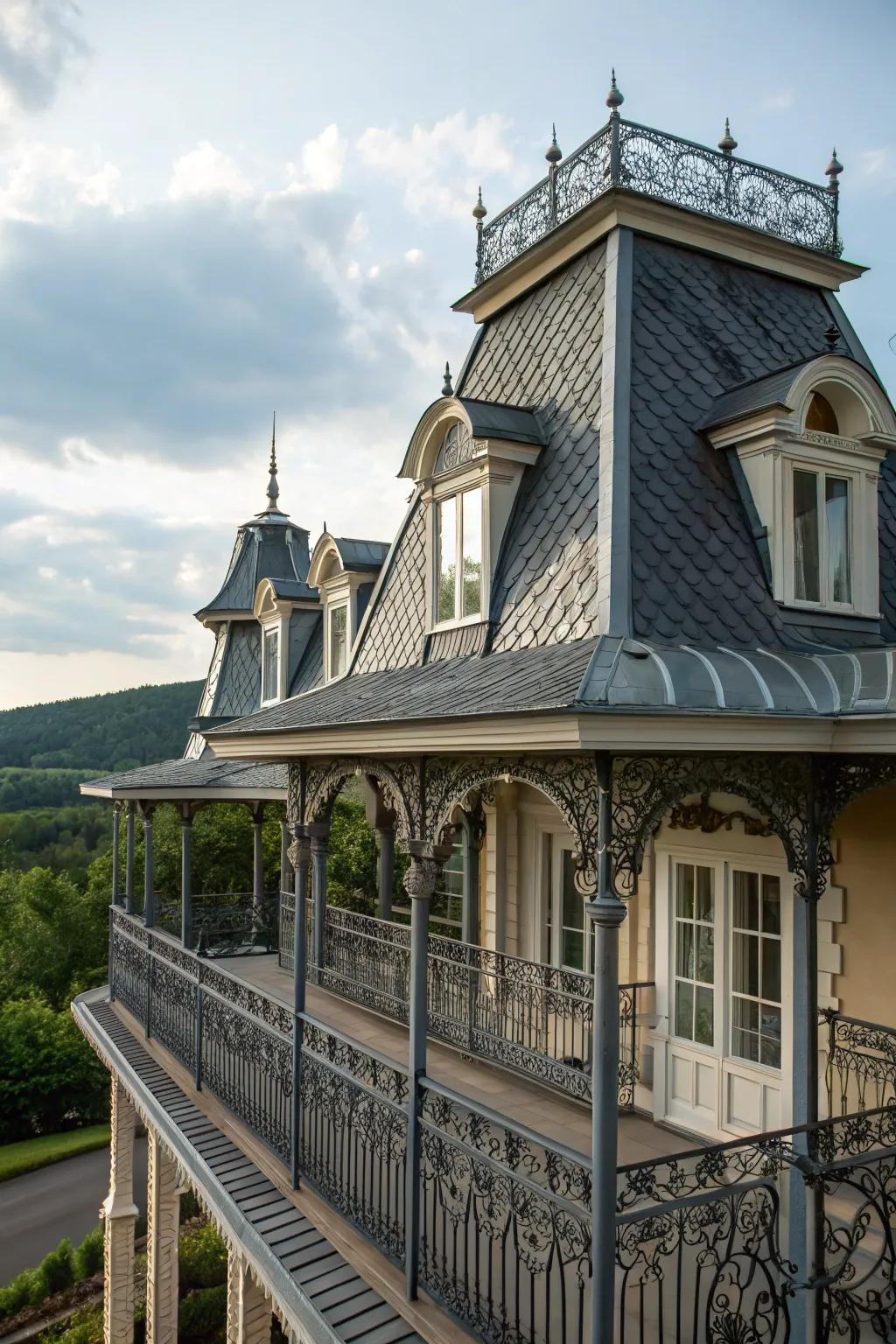 Architectural particulars amplify the style of this mansard roof.