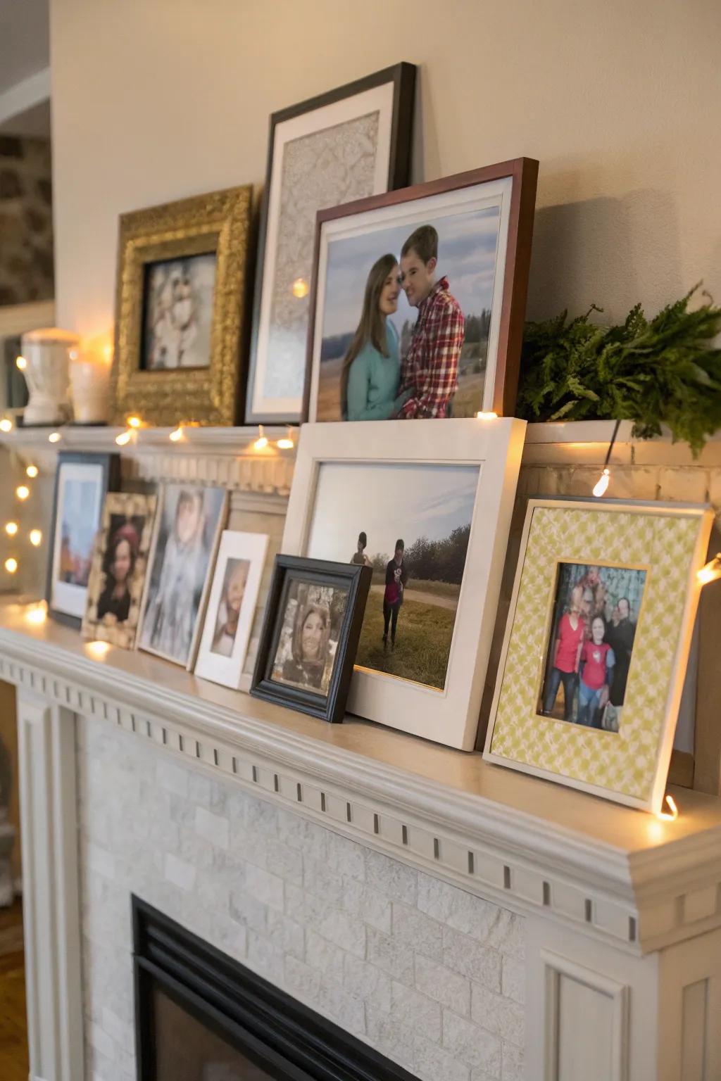 Family photos impart a personal and heartwarming touch to the mantel.
