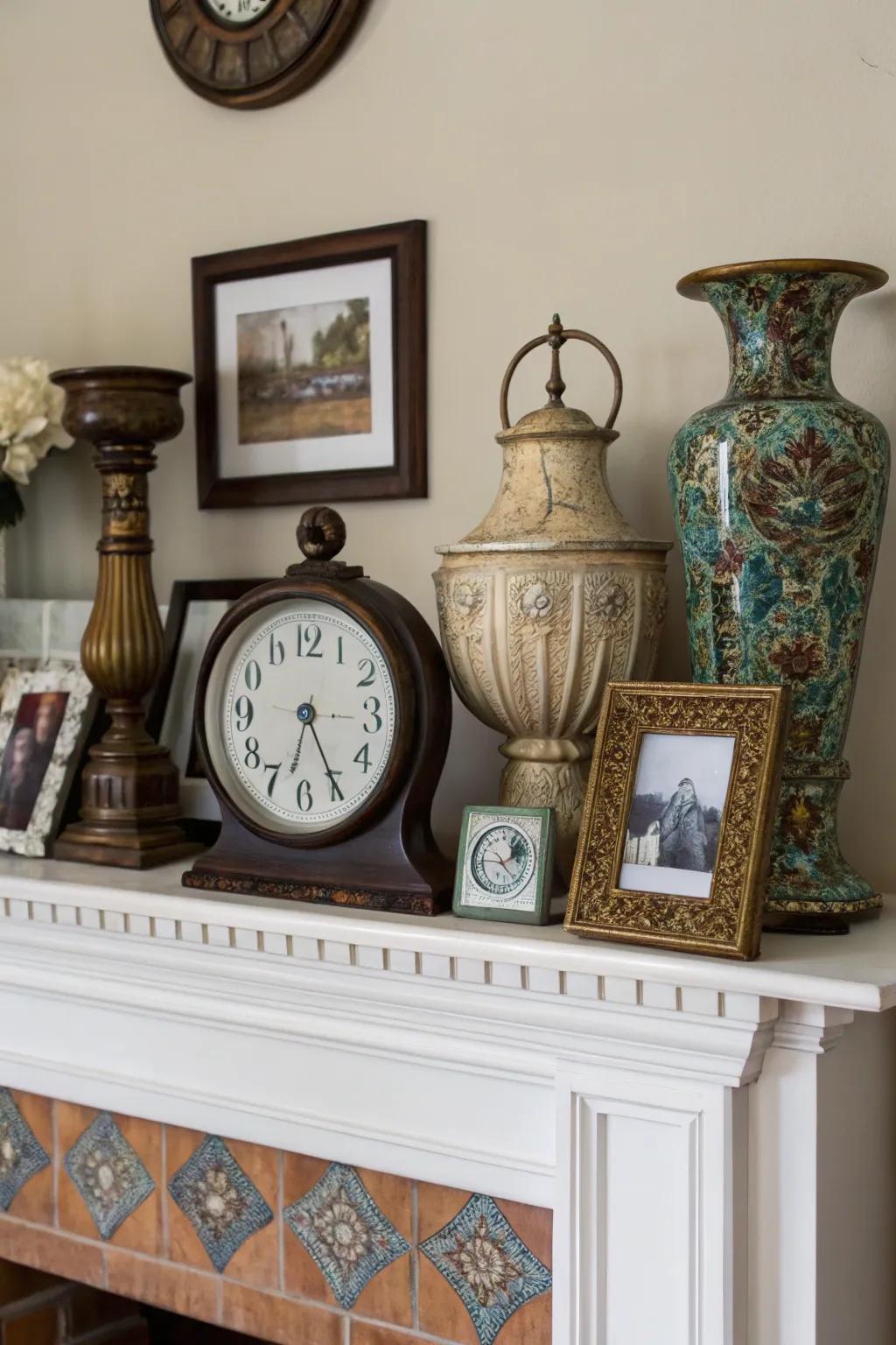An eclectic mantel reflects a unique, personal style.