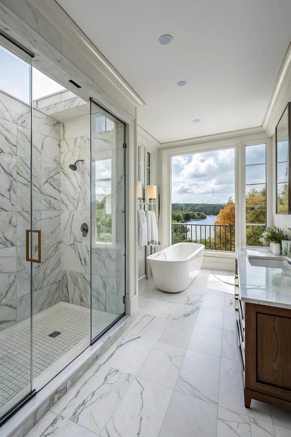 Marble and glass combine for a modern, airy feel.