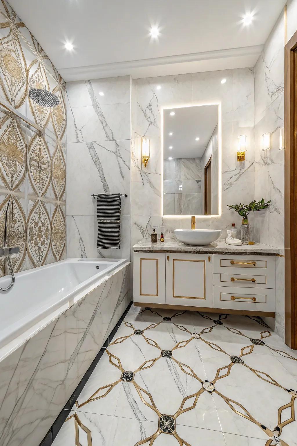 A vibrant bathroom design featuring a mix of radiant and muted stone-style polished stoneware.