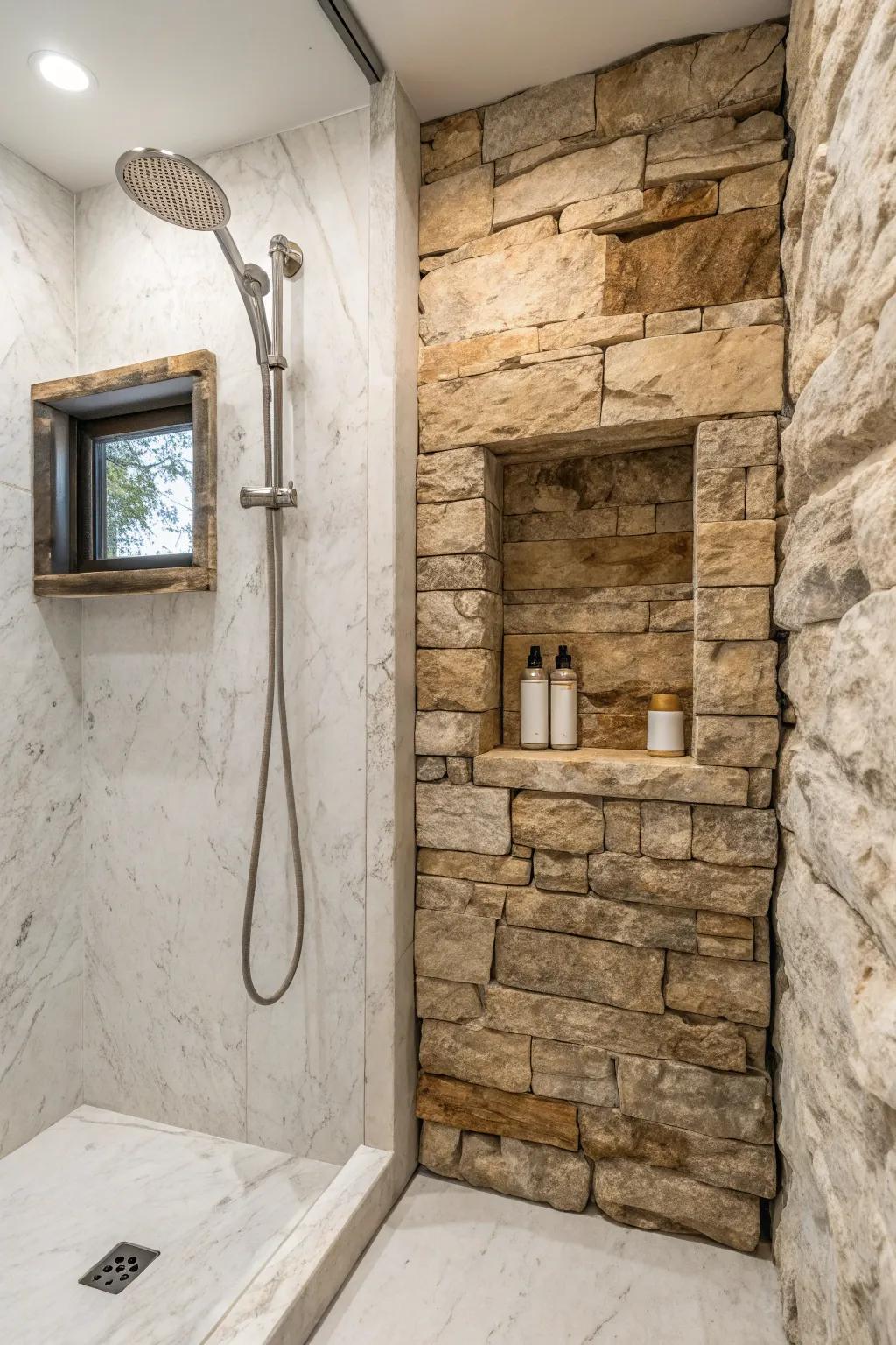 Country raw-cut stone adds charm to a modern shower.