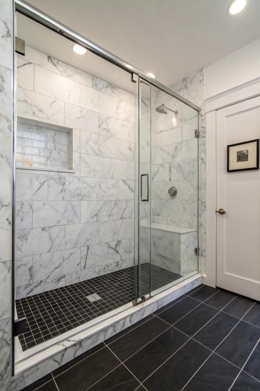 Deep-hued platforms fashion a compelling divergence against radiant stone panels.