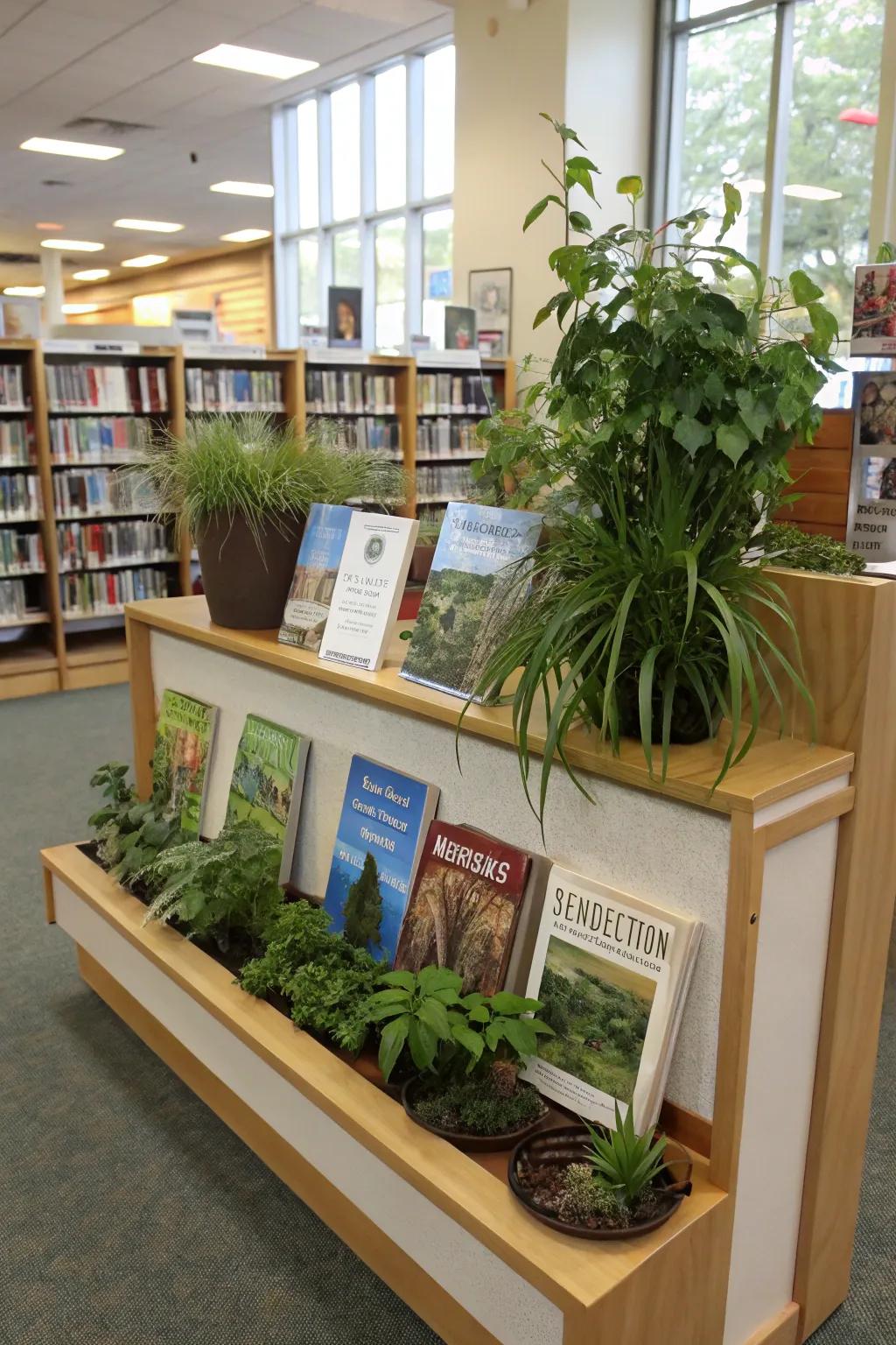 An inviting environmental reads display with natural elements.