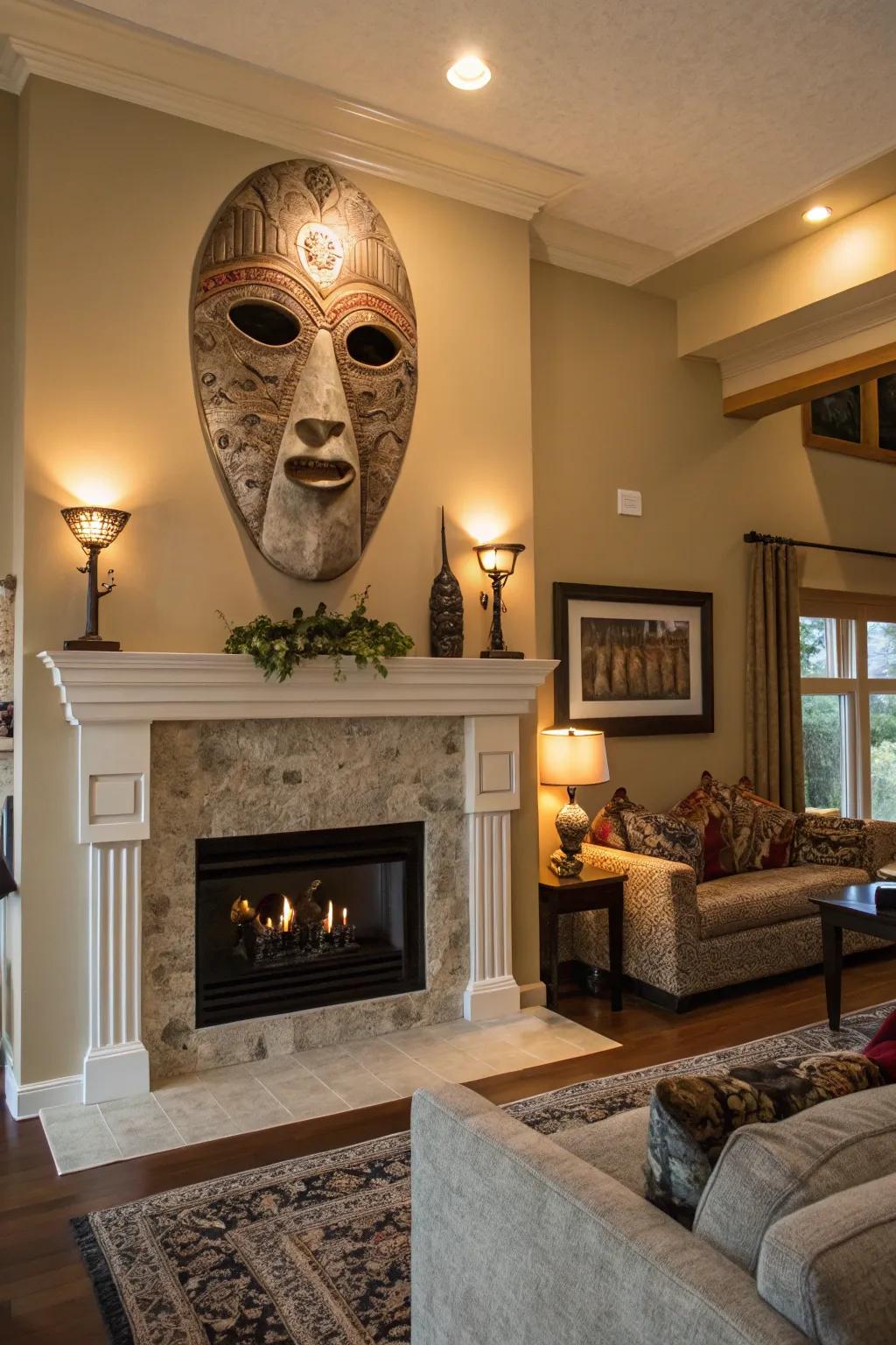 A bold mask serves as a captivating statement piece in this room.