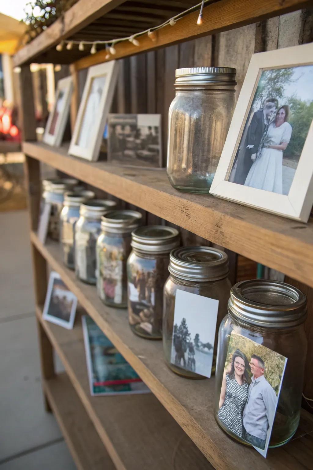 Use old picture displays in glass preserving jars to add a personal feel.