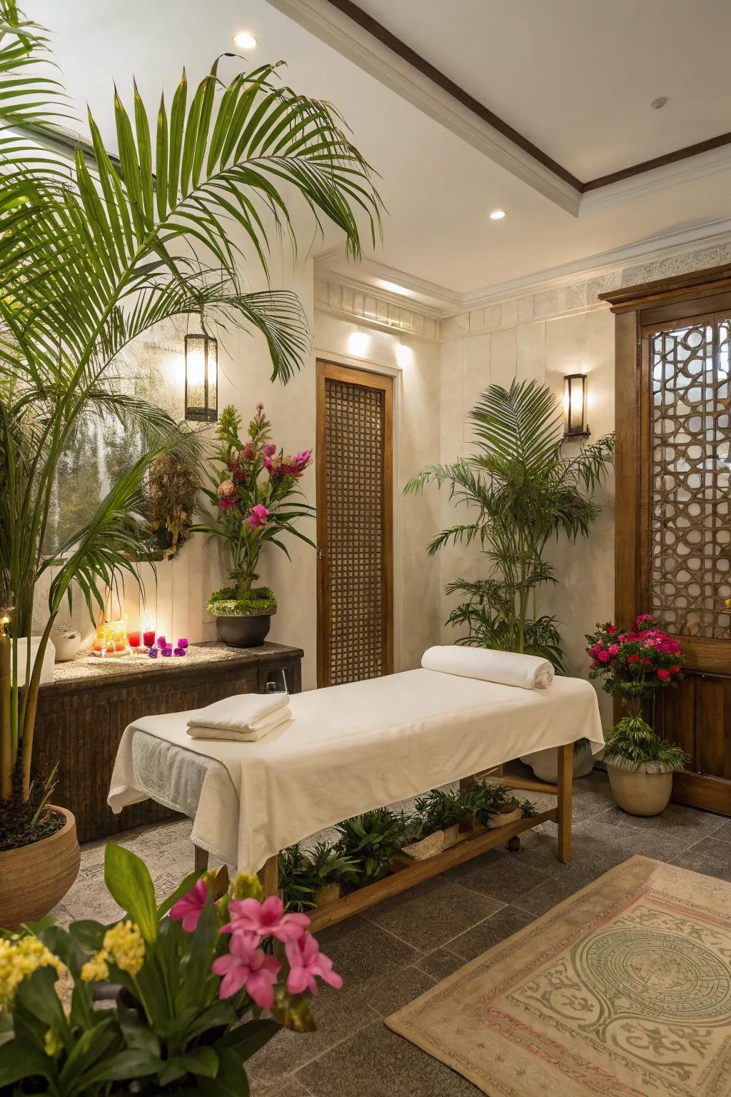 A massage room through a scenic tropical theme.