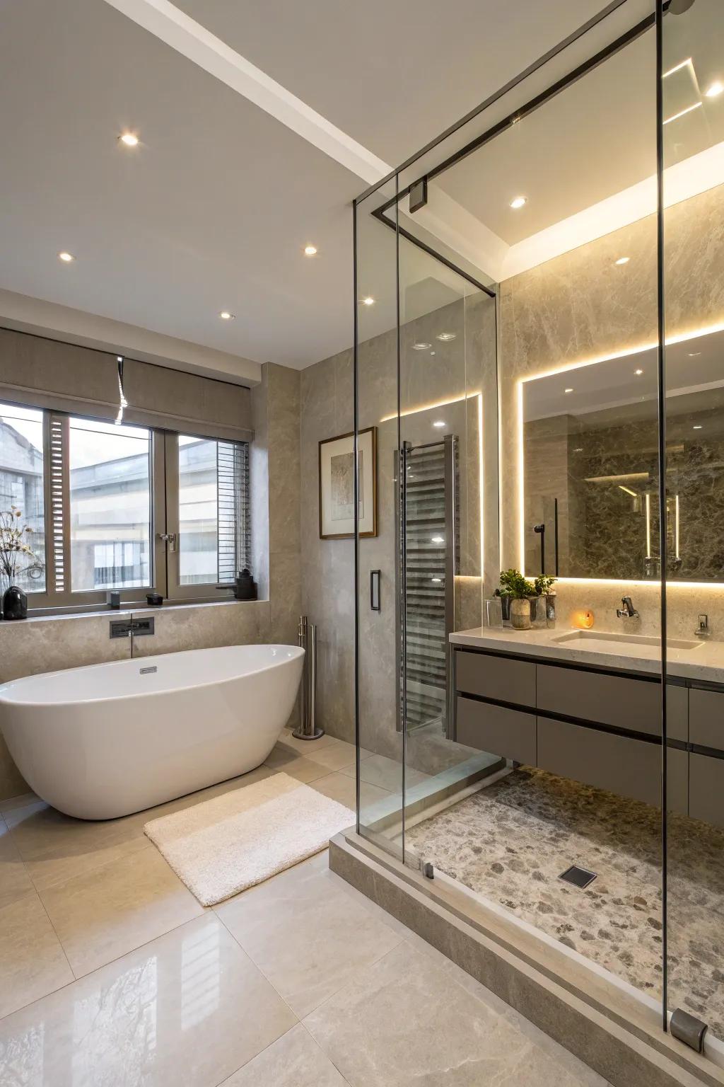 The wet room layout delivers a sleek and practical solution in this contemporary bathroom.