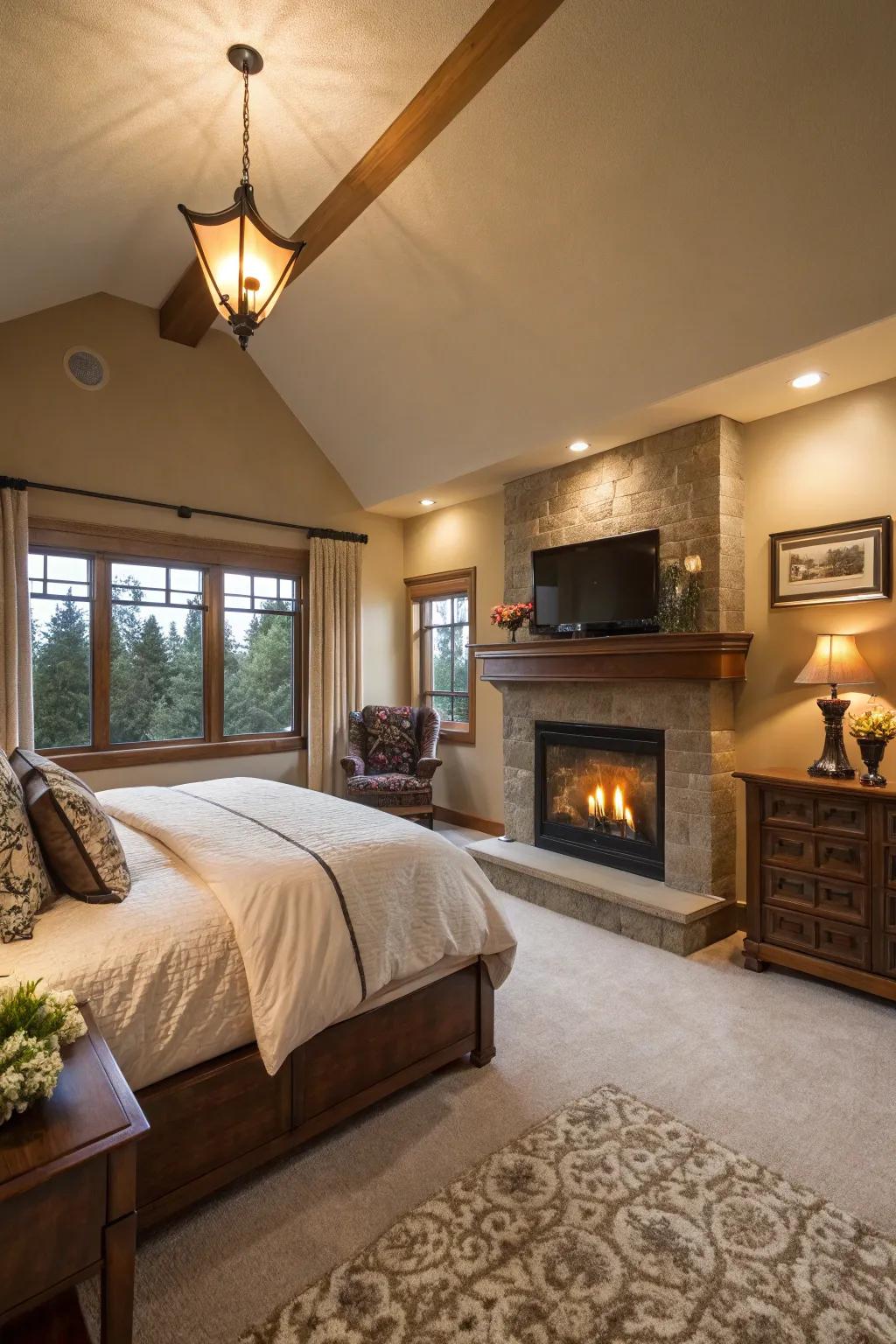 Corner hearths offer a distinctive and space-saving center of attention.