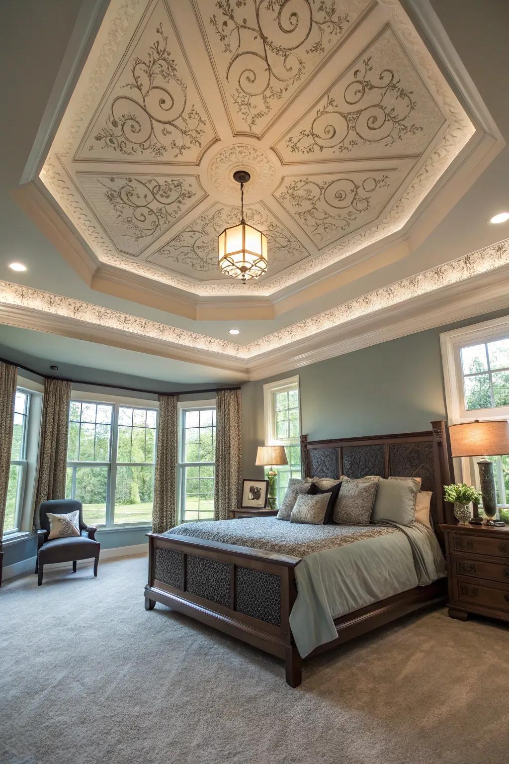 An upside-down stepped ceiling adds a daring, dramatic touch to your bedroom.