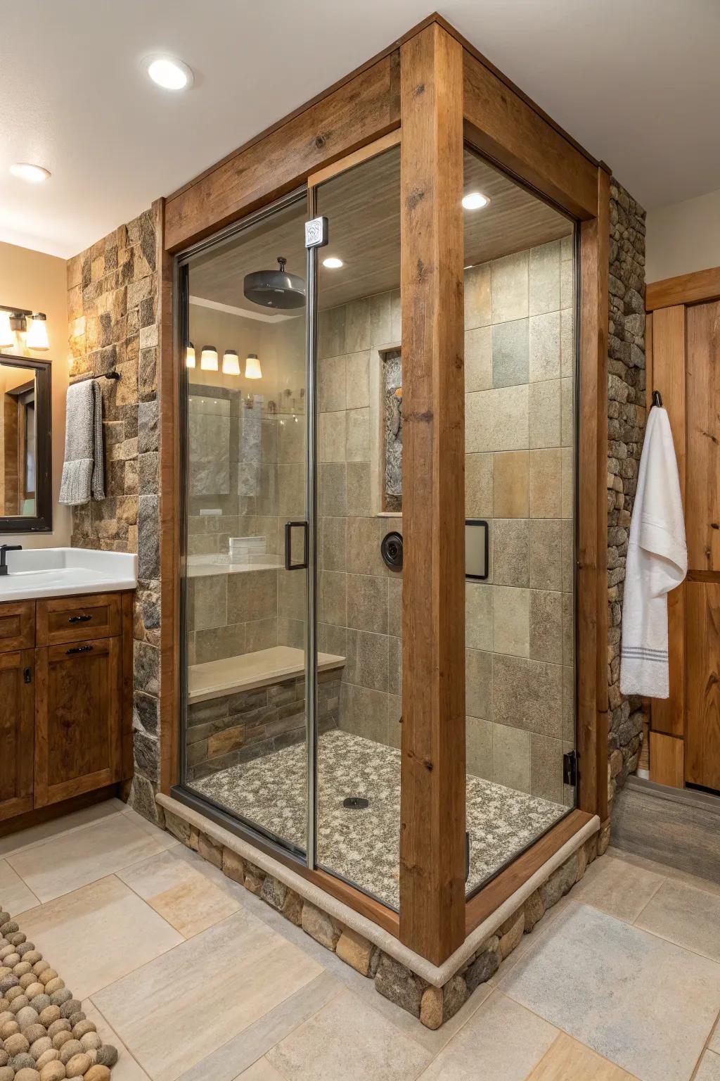 A mix of materials creates a harmonious and inviting shower space.