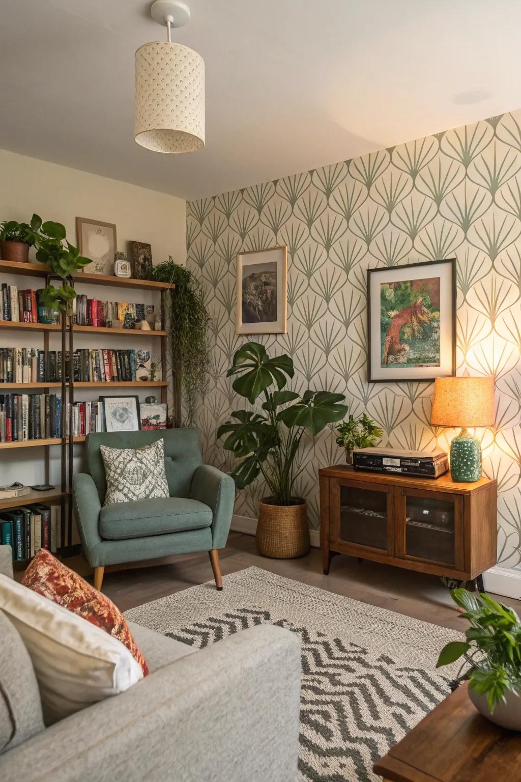 Unique wallpaper choices reflect personal style in a cozy living space.