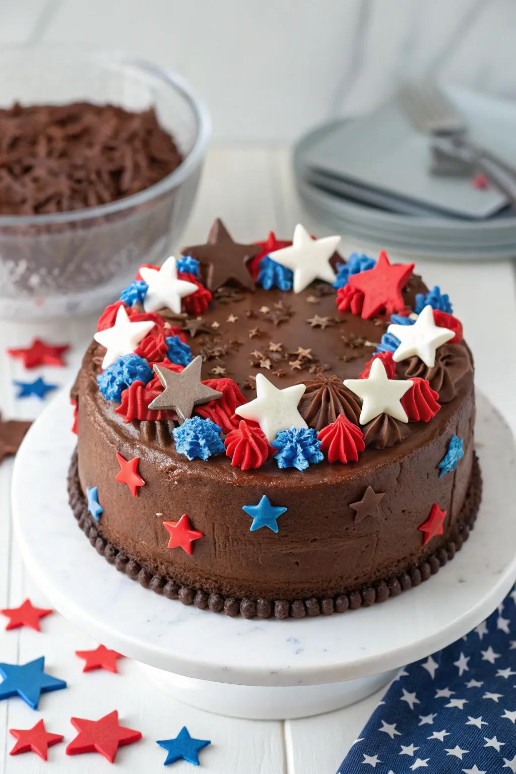 Chocolate stars add a touch of elegance to this decadent cake.