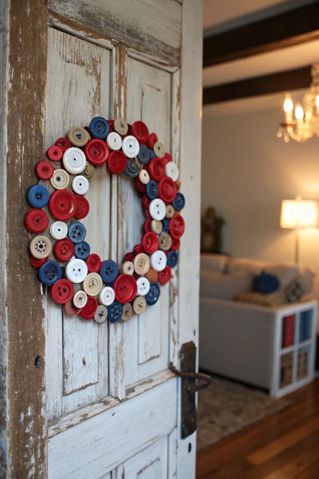 A textured wreath crafted from repurposed buttons.