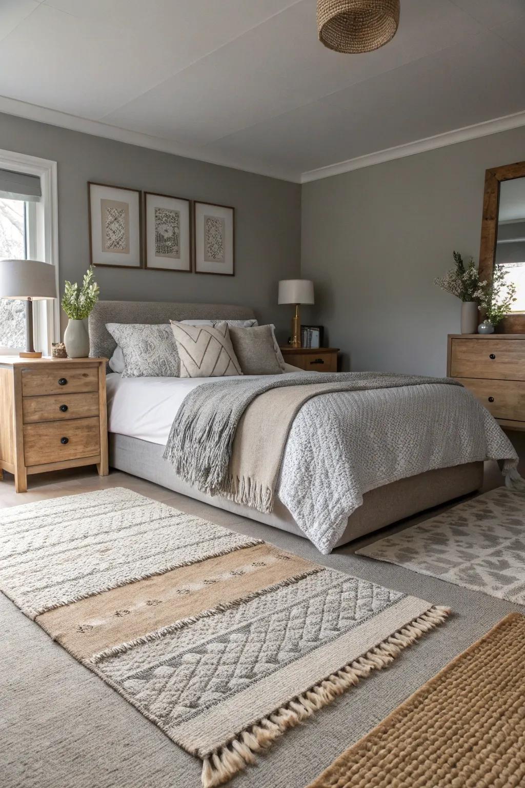 Covered ground coverings infuse warmth and texture into the grey bedroom.