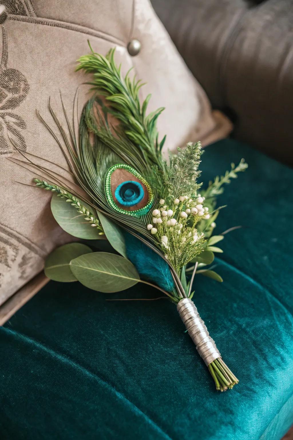 An exotic plumage boutonniere provides a distinct detail.