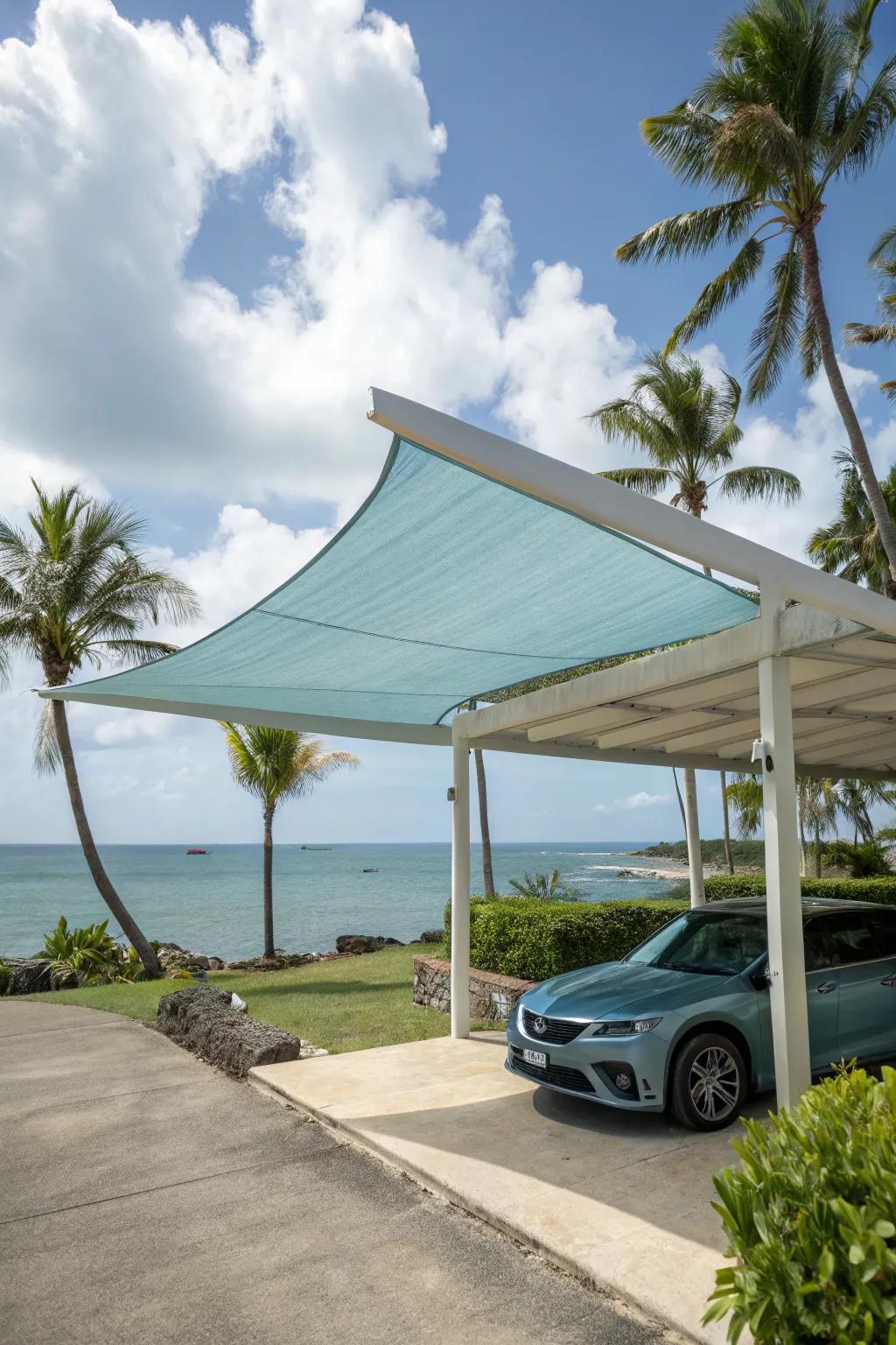 Shade sail carports offer a fashionable and airy protective covering.
