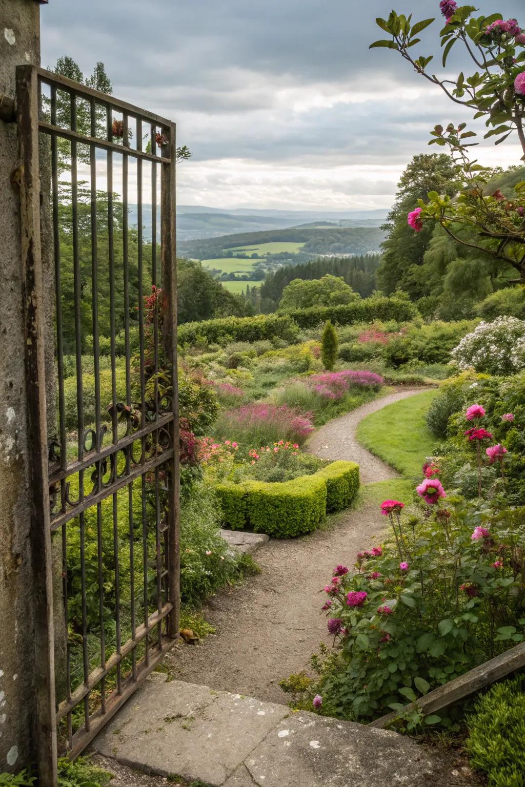 Doors that frame vistas append a curated sensation to gardens.