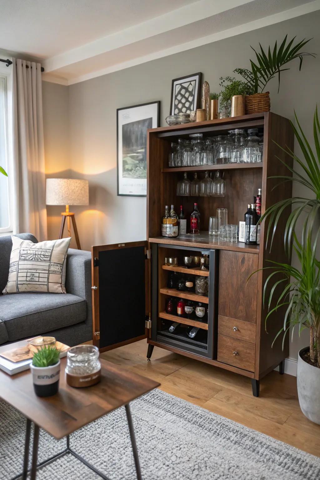 A compact bar armoire efficiently arranges vitals within confined dimensions.