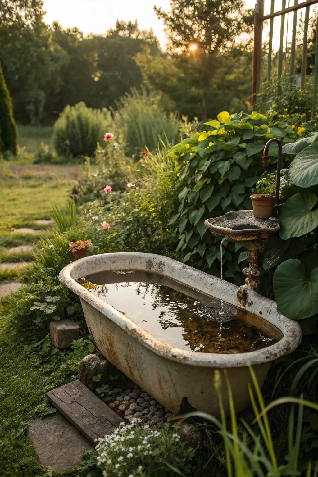 A vintage sink reborn as an eco-friendly mini pond.