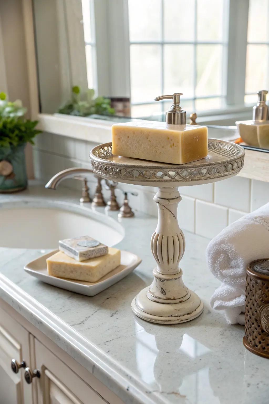 A riser introduces height and visual interest to the bathroom counter.