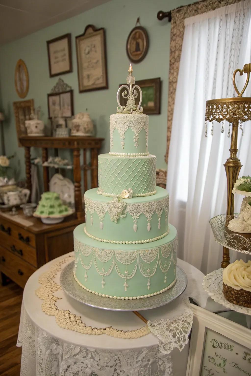 A mint green cake exuding vintage charm and sophistication.