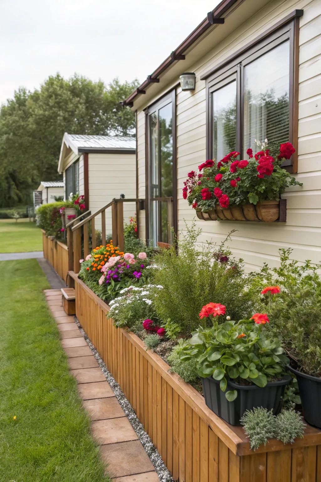 Wood skirting with integrated planters brings the beauty of nature right to your doorstep.
