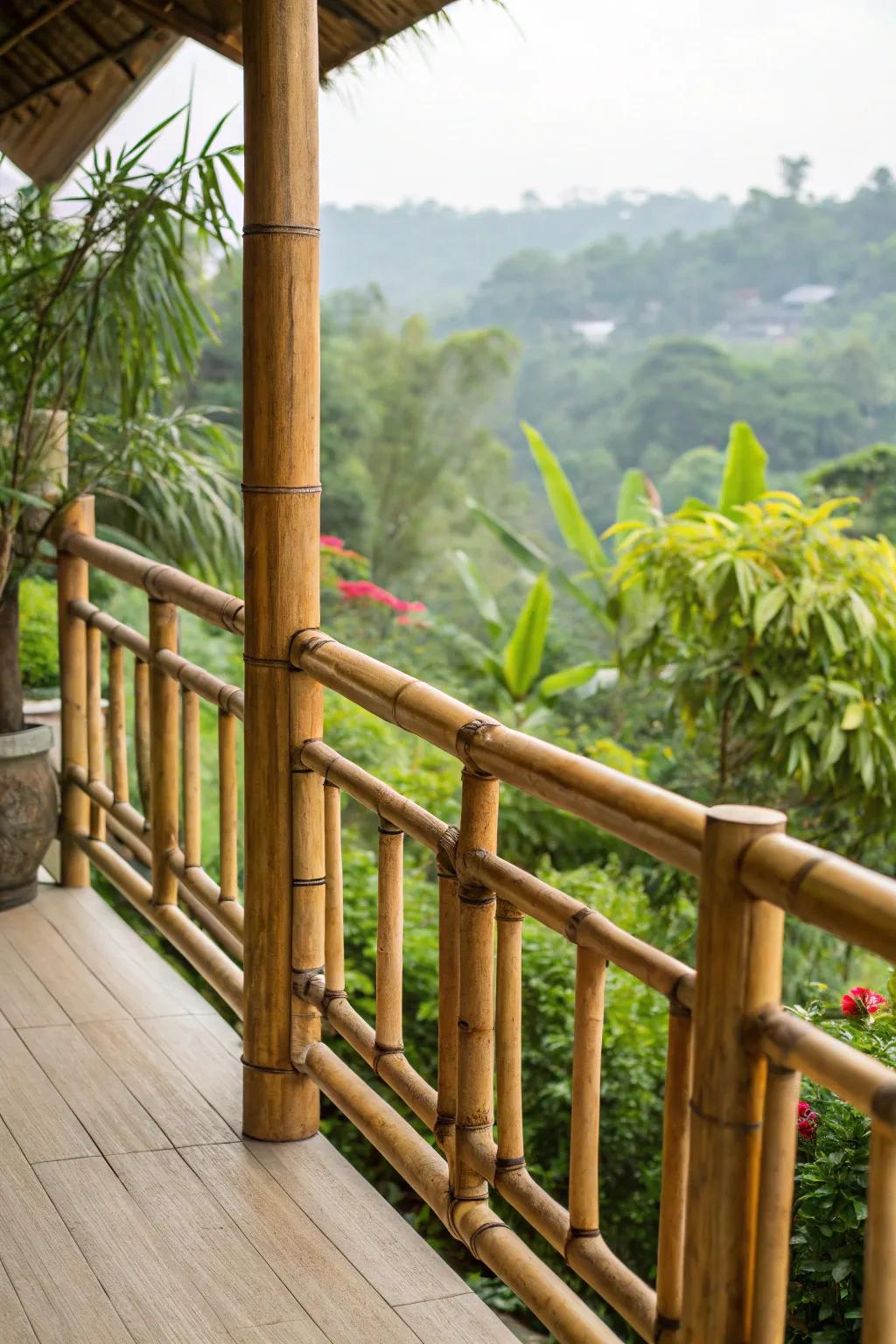 Eco-friendly bamboo balcony railings with lush greenery in the background