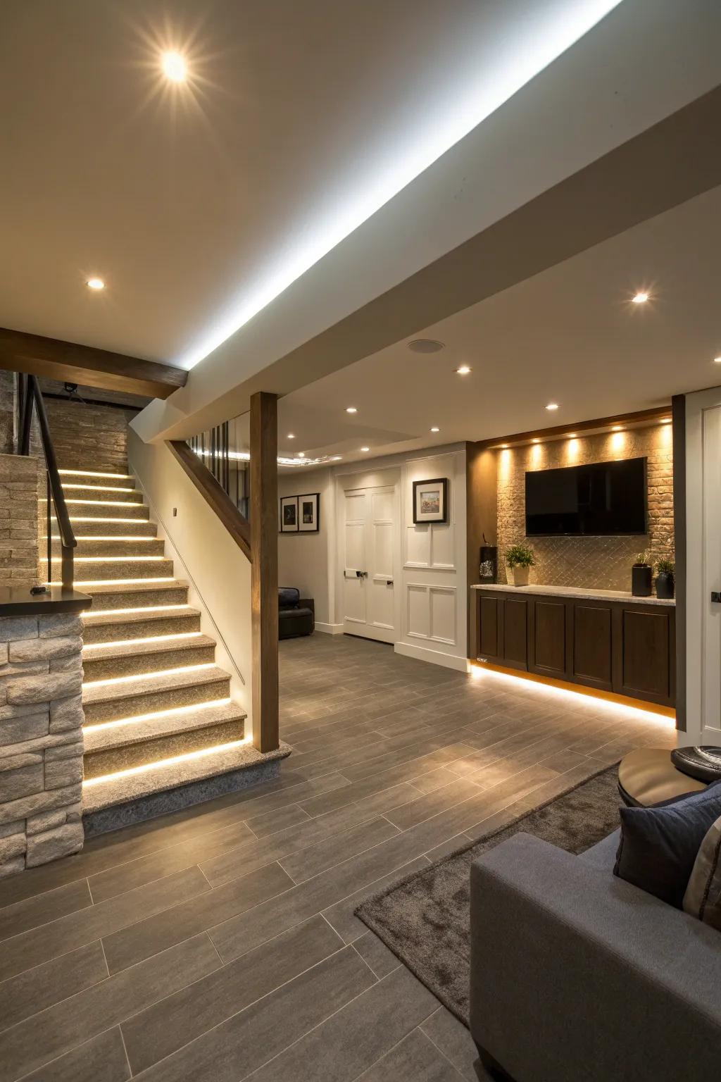 Layered lighting crafts a harmonious and welcoming basement atmosphere.