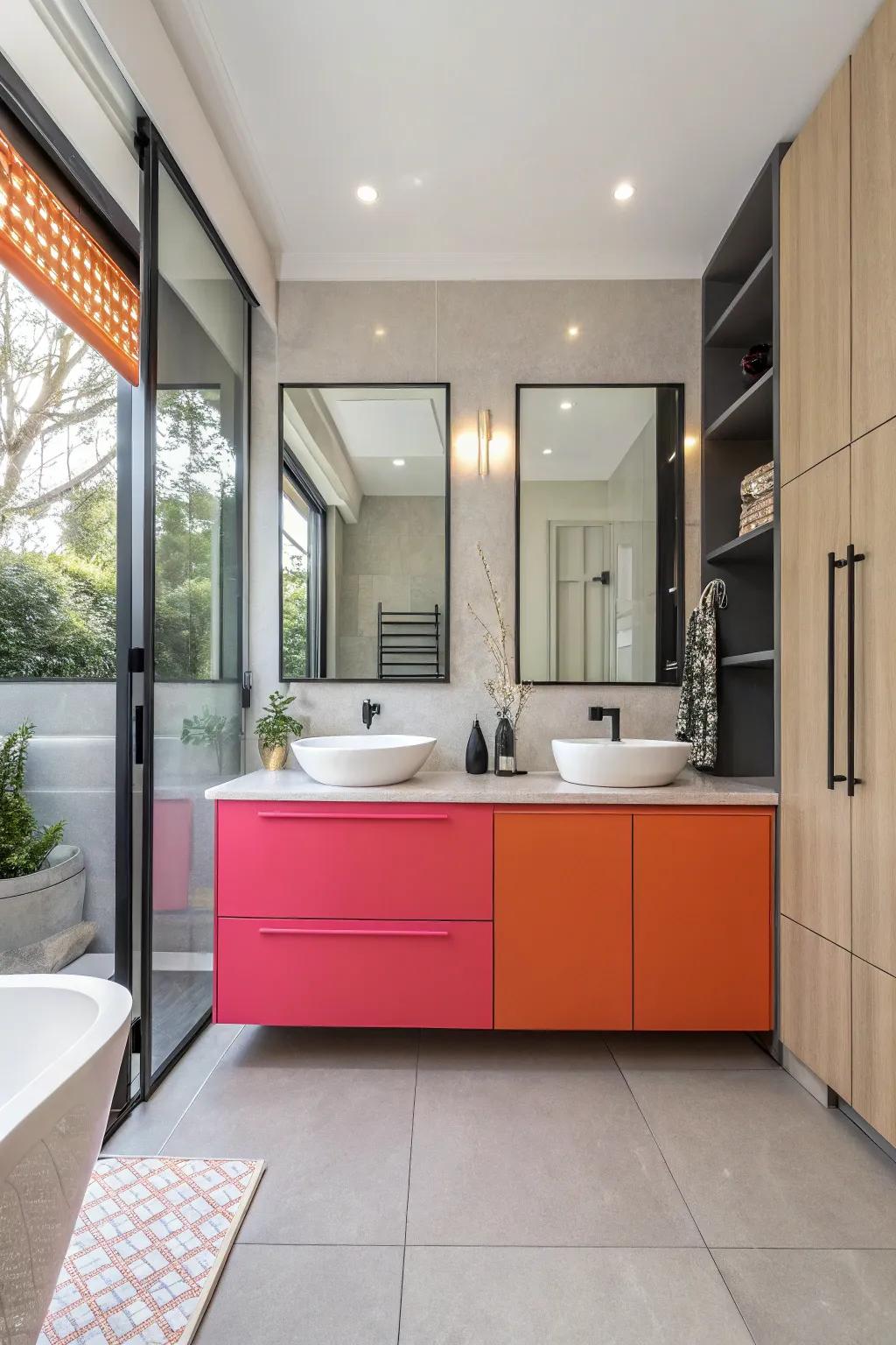 Vibrant storage unit hues introduce vitality and focus to contemporary restrooms.