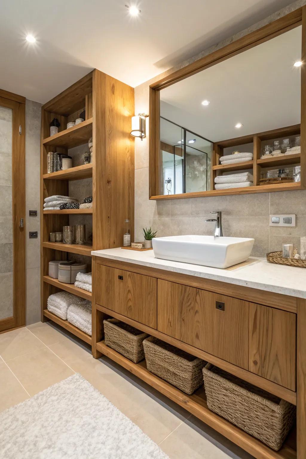Timber elements bring warmth to this modern bathroom.