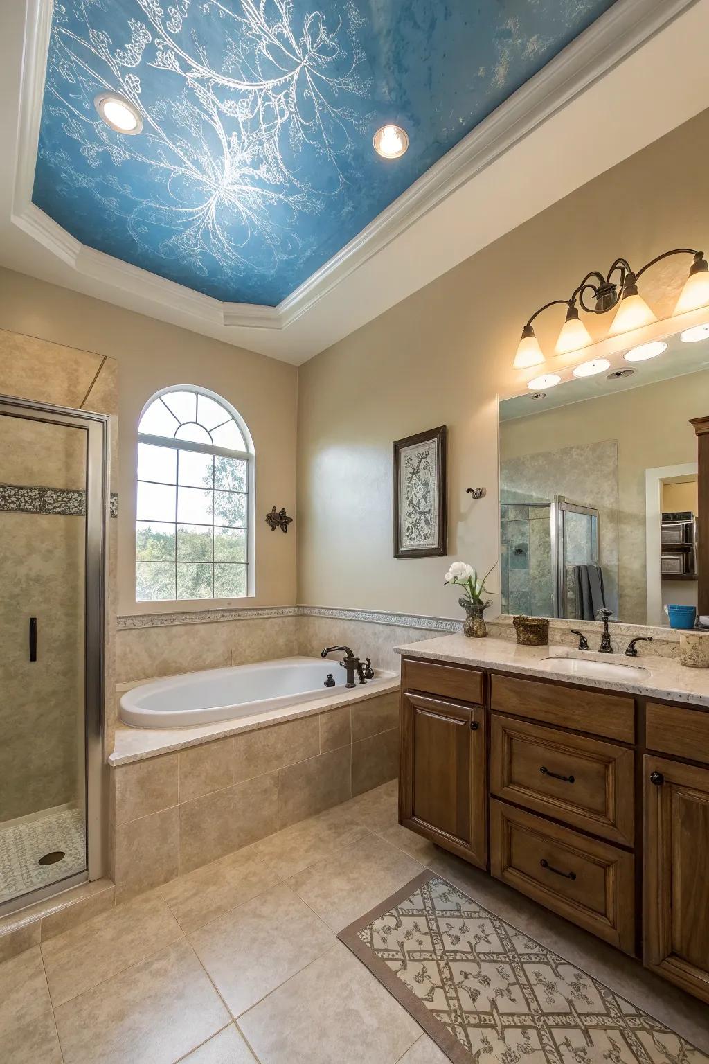 A gentle azure ceiling fashions an airy and peaceful ambiance in this serene bathroom.