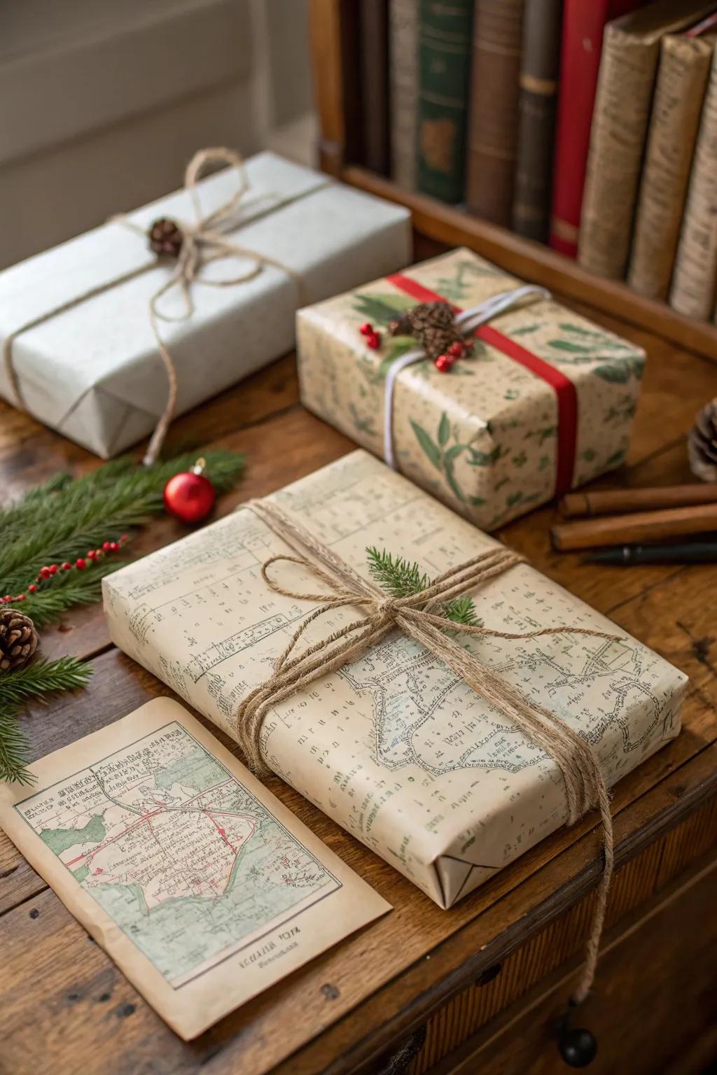 Eco-friendly gifts wrapped using repurposed materials, uniting creativity with environmental consciousness.