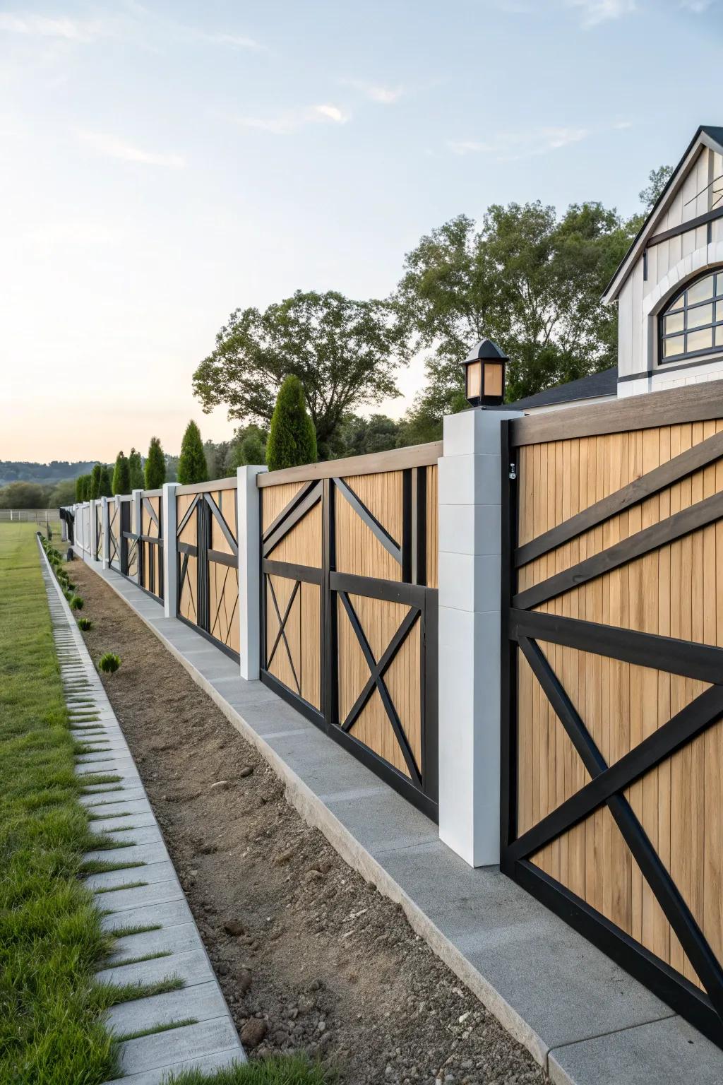 Modern architectural accents elevate this farmhouse fence into a striking feature.