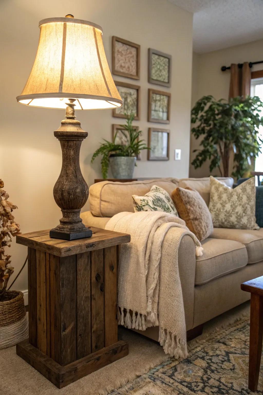 Reclaimed timber lamps add sustainable charm.