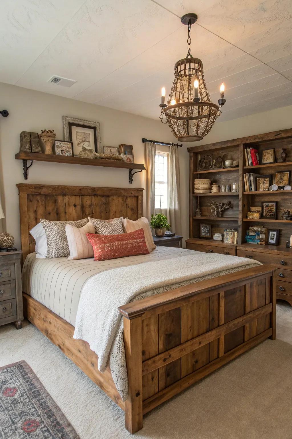 Reclaimed treasures impart history and rustic charm to the farmhouse bedroom.