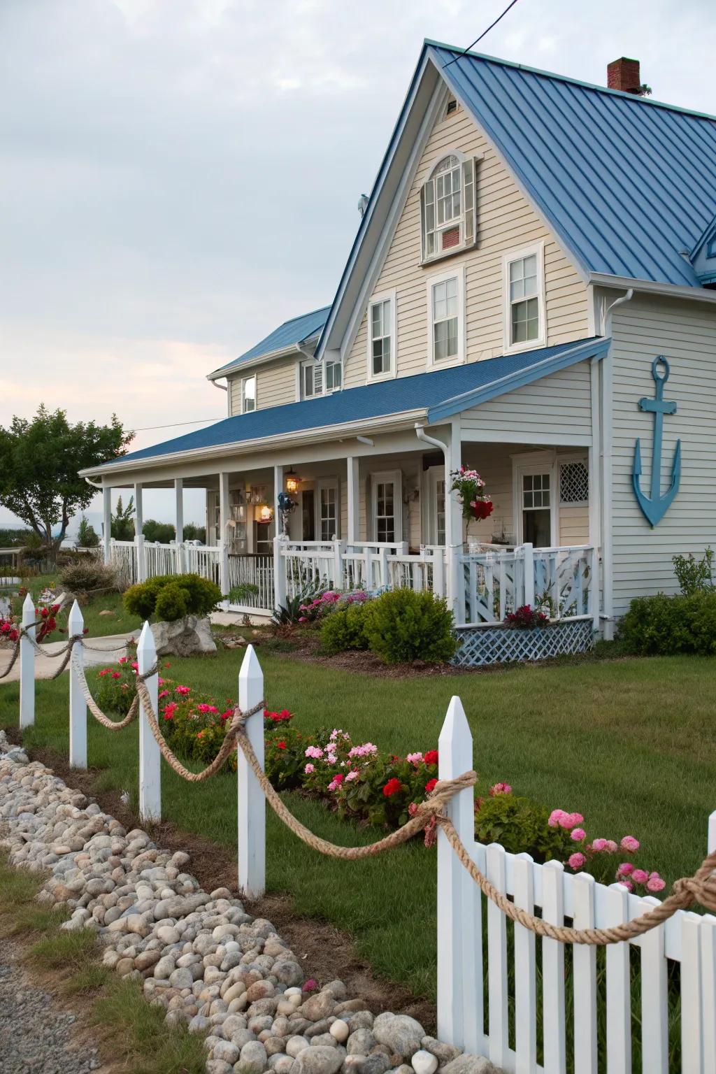 Seaside charm: A farmhouse featuring a serene azure shield roof.