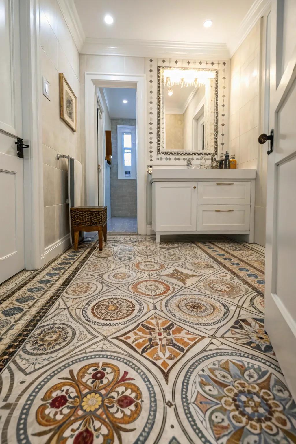 Intricate patterned floor tiles in a powder room.