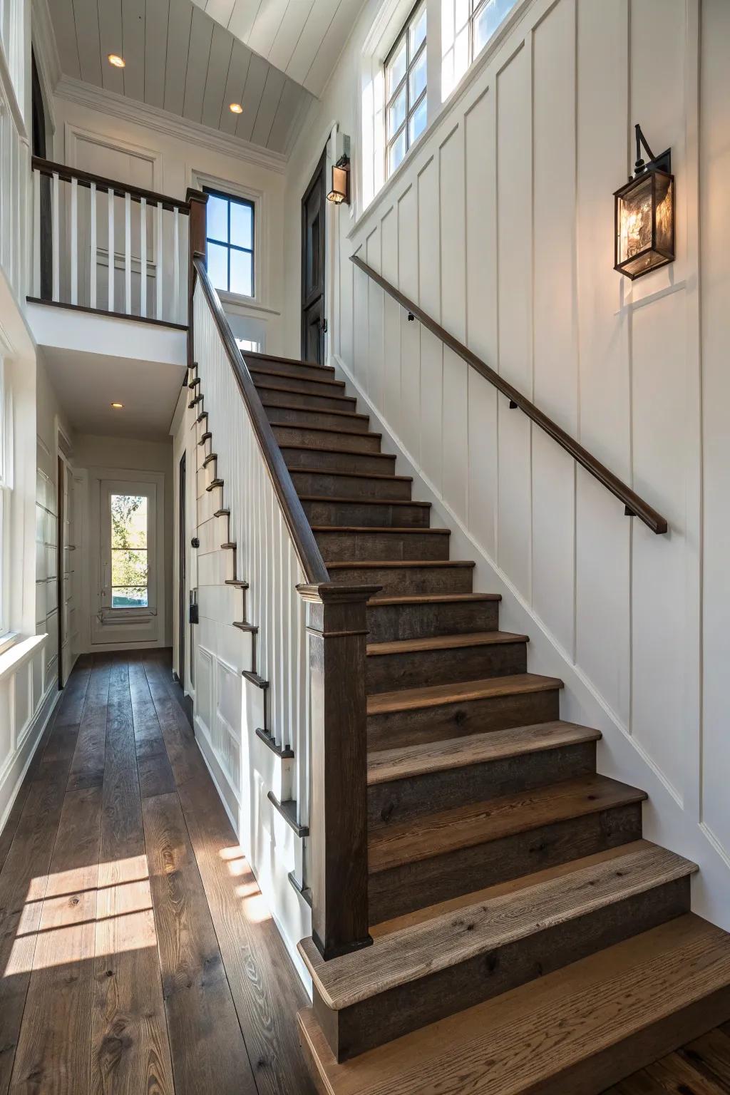 A staircase with dark timber steps contrasting against light walls, introducing elegance.