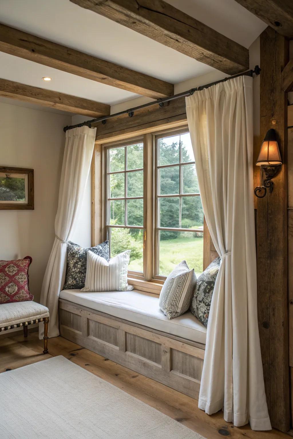 Cozy nook with built-in seating and window trim.