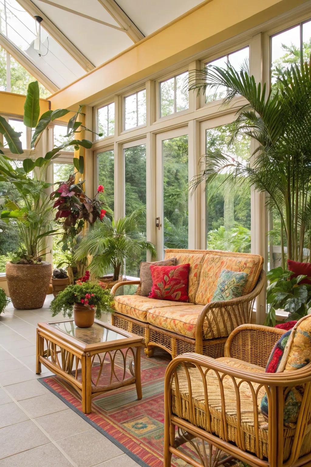 A tropical sanctuary featuring bamboo furnishings and abundant greenery.