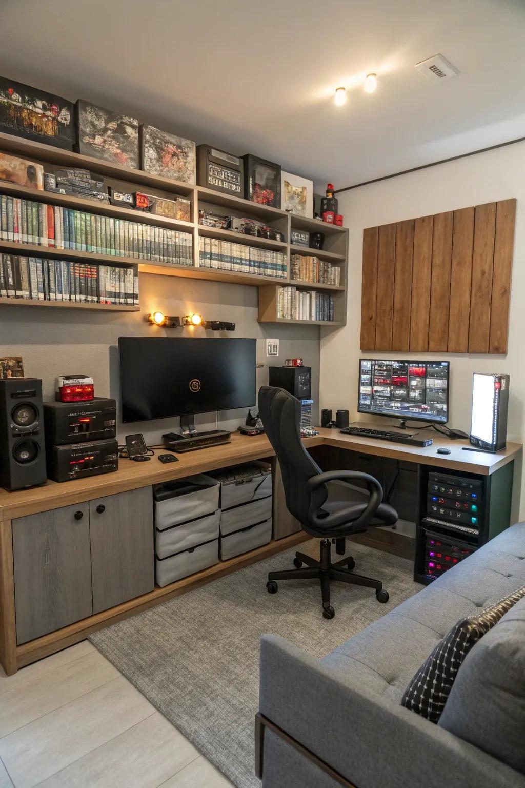 A gaming bedroom with practical wall-mounted storage options.