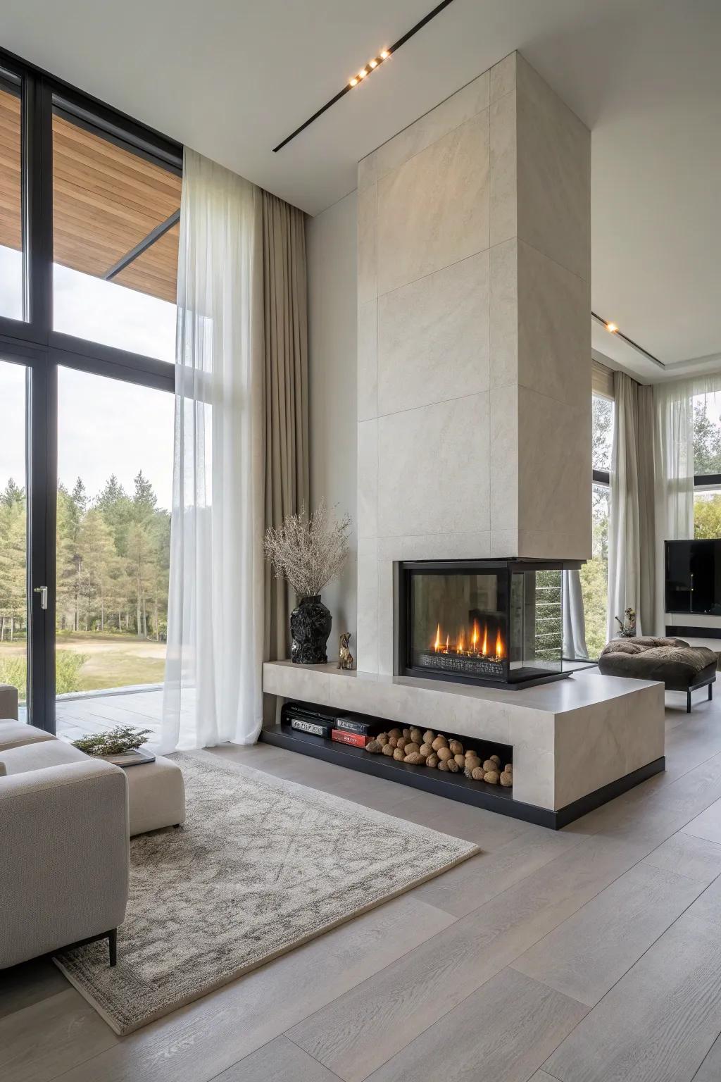 A floating hearth gas fireplace bringing modern flair to the room.