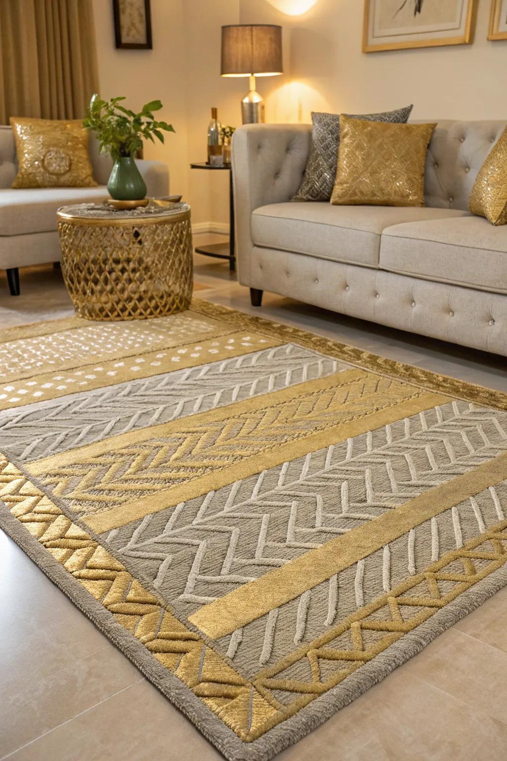 A metallic woven rug adds texture and luxury.